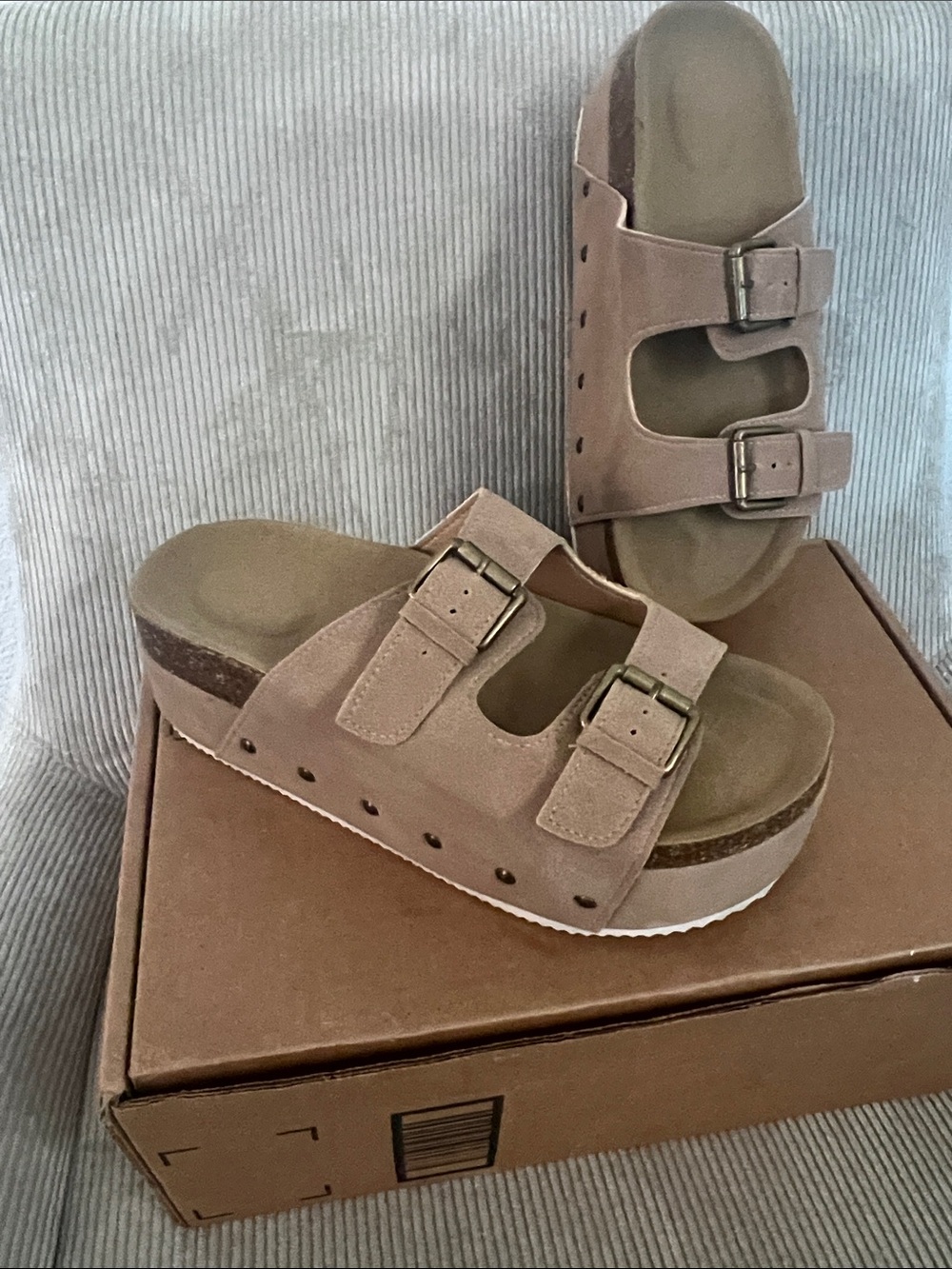 Taupe Double-Buckle Platform Slide Sandals